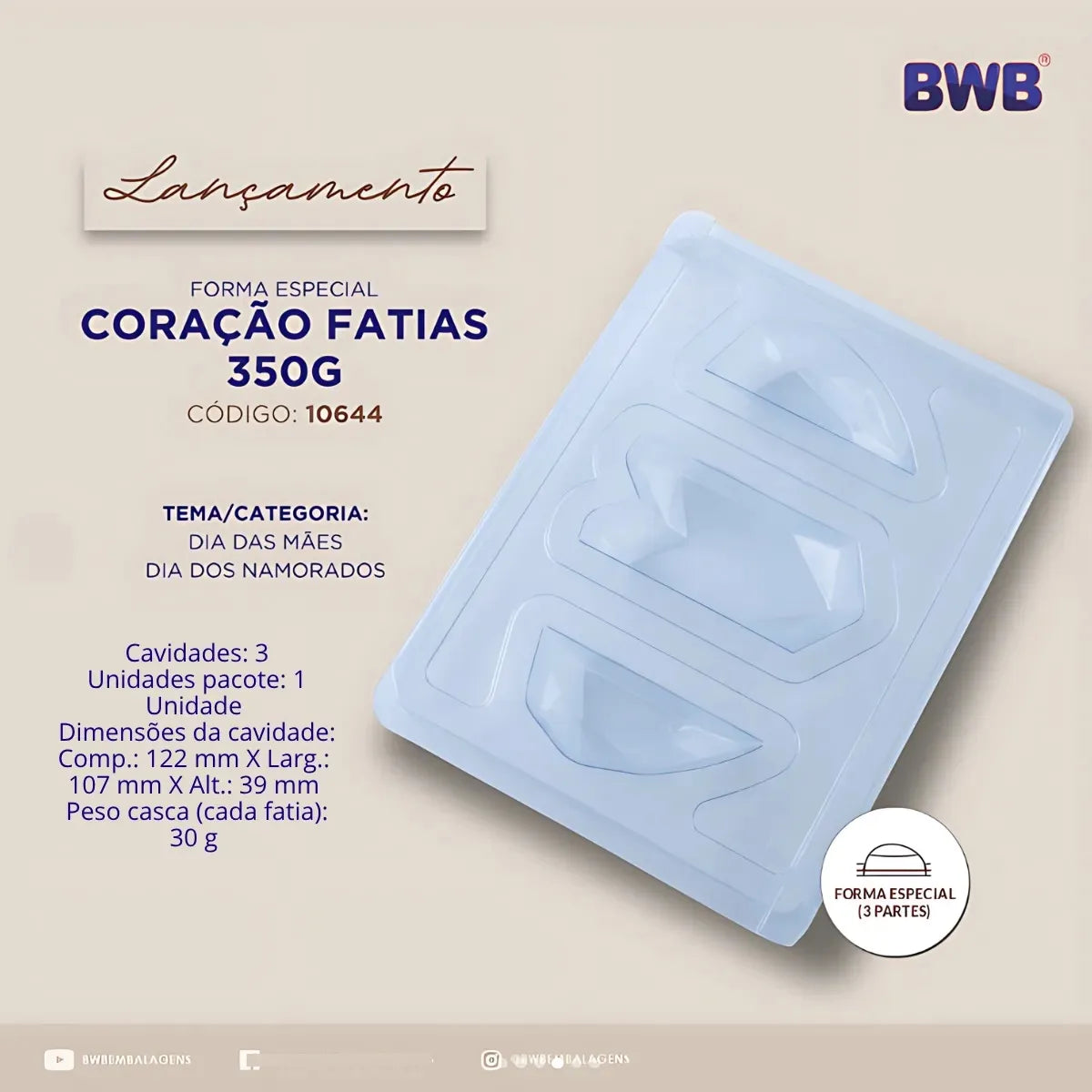 Forma Bwb Silicone Coração Lapidado Fatia 350g Cod. 10644